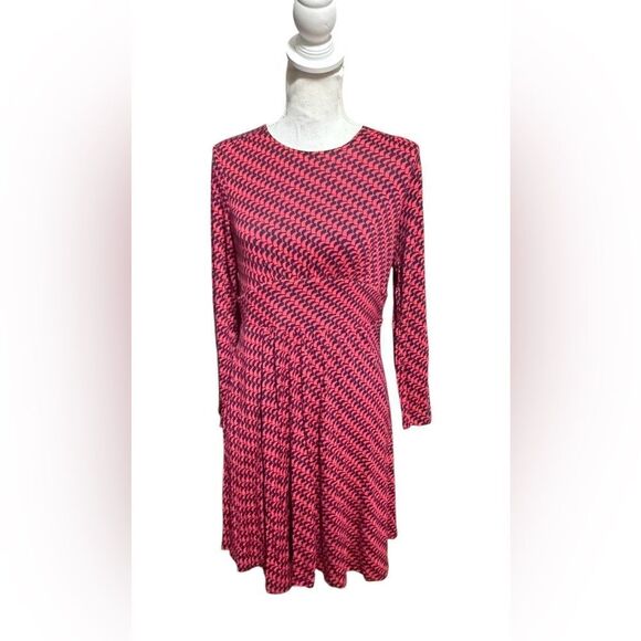 Boden Thea midi dress red/blue pattern. Size 10P. Long sleeve/contrast waist - Picture 1 of 5